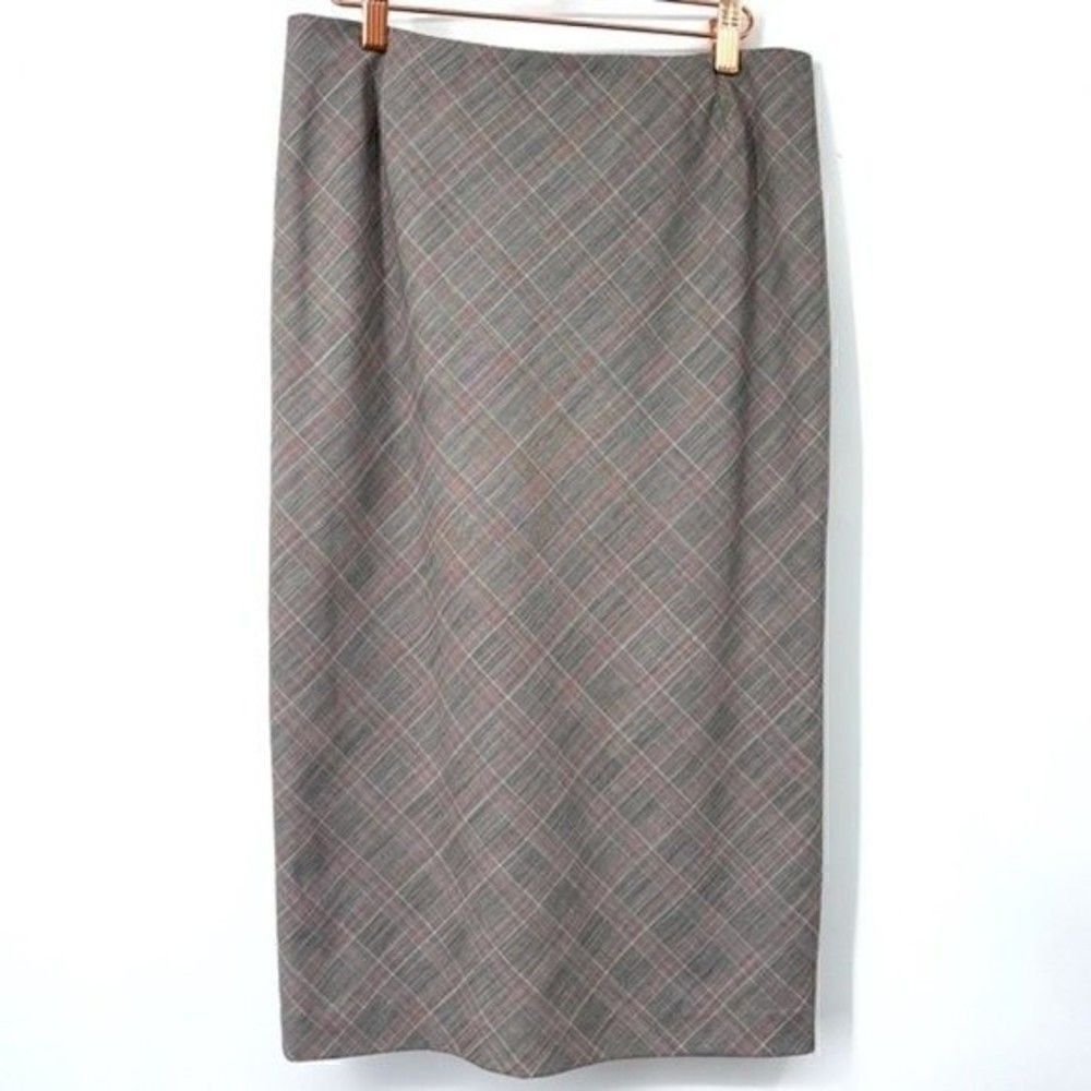 Lafayette 148 midi pencil skirt gray plaid virgin wool size 4 BoxS